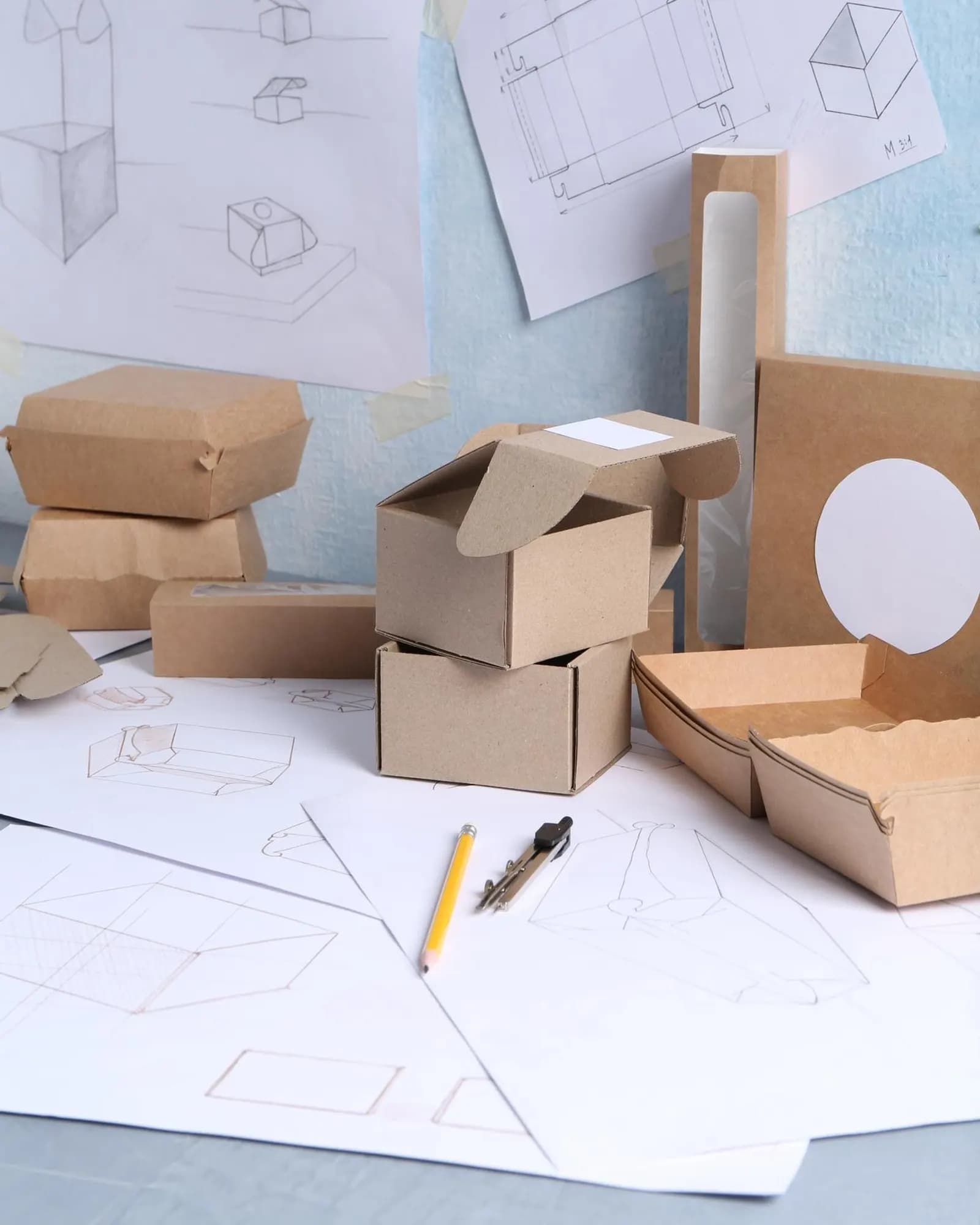 Workshop materials and paper models on a workbench.